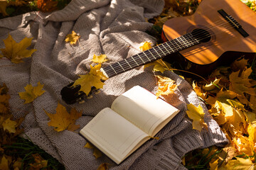 Autumn background with books, guitar and plaid - obrazy, fototapety, plakaty
