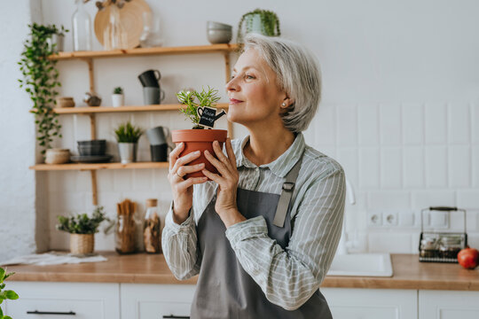 Mature woman smelling rosemary plant in kitchen at home
