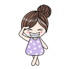 Korean cute girls character in dot purple dress cartoon.