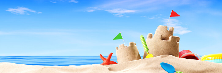 Sand castle on the beach. Summer vacation concept. 3d rendering © aanbetta