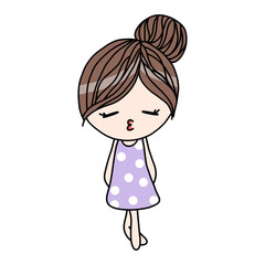 Korean cute girls character in dot purple dress cartoon.