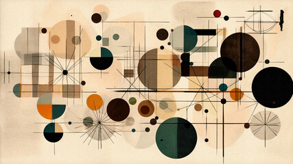 Abstract geometric background with circles, lines, dots and other elements. Generative AI.