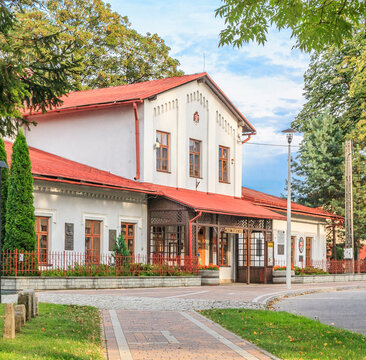 The facade and main entrance to the building of the municipal museum in Ustroń in the Silesian Beskids (Poland). 