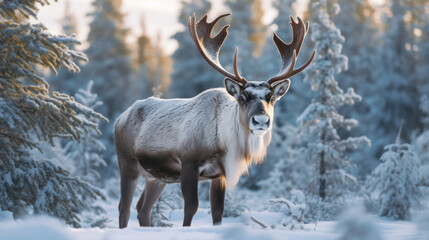 Reindeer at snow forrest background. Animal and nature concept. Generative ai.