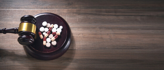 Judge gavel with pills on the wooden table.