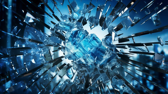 Einschussloch in einer dicken Glasscheibe in einer blauen Atmosphäre und stark gesplittertem Glas - AI generated