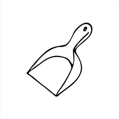 Hand-drawn cleaning scoop. Outline cleaning equipment. Vector illustration of the dustpan. Housework supplies 