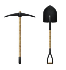 Shovel and pick axe isolated on transparent background. 3D illustration