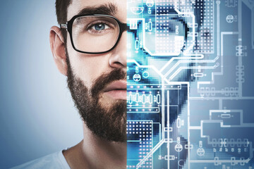 Young man with pixelate and printed circuit board effects over half of his face. Concepts of...