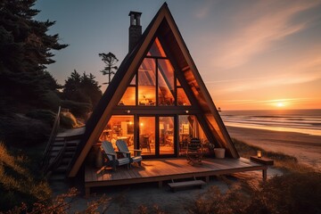 Fototapeta premium Cozy beach cabin sunset. Generate Ai
