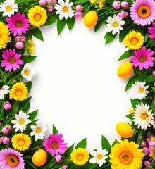 Frame with Easter composition, spring flowers and colorful eggs on white background, spring and Easter holiday, Generative AI Art Illustration 10