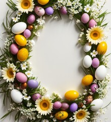 Naklejka na ściany i meble Frame with Easter composition, spring flowers and colorful eggs on white background, spring and Easter holiday, Generative AI Art Illustration 11