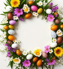 Naklejka na ściany i meble Frame with Easter composition, spring flowers and colorful eggs on white background, spring and Easter holiday, Generative AI Art Illustration 05