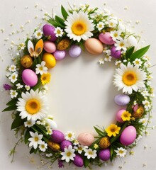 Obraz premium Frame with Easter composition, spring flowers and colorful eggs on white background, spring and Easter holiday, Generative AI Art Illustration 06