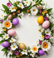 Naklejka na ściany i meble Frame with Easter composition, spring flowers and colorful eggs on white background, spring and Easter holiday, Generative AI Art Illustration 01