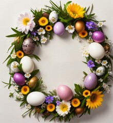 Naklejka na ściany i meble Frame with Easter composition, spring flowers and colorful eggs on white background, spring and Easter holiday, Generative AI Art Illustration 04