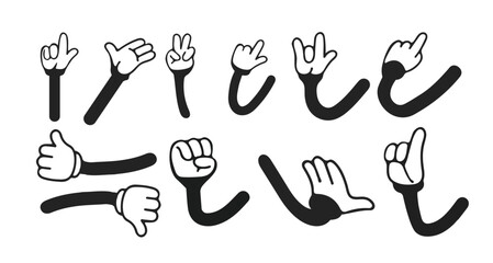 Cartoon hands in gloves. Funny retro mascot hand gestures and comic vintage arm character in expression poses. Palm and finger action. Vector set