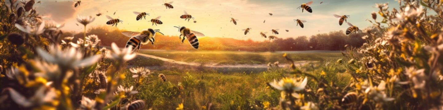 A bunch of bees flying over a field. Generative AI image.