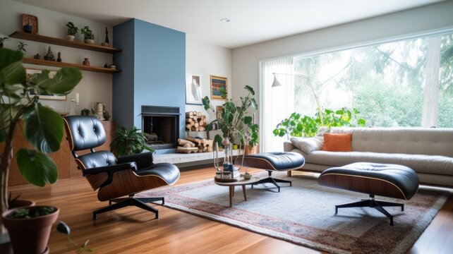 Living room decor, home interior design . Mid-Century Modern Minimalist style with Fireplace decorated with Walnut and Marble material . Generative AI AIG26.