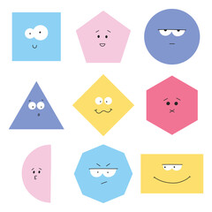 Set of geometric characters. Cute childish geometric shapes. Vector illustration. Flat style.