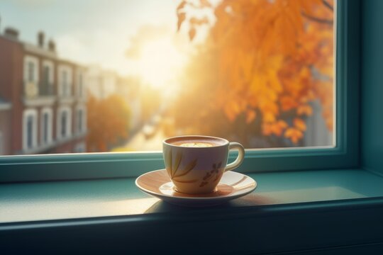 Cup window autumn. Generate ai
