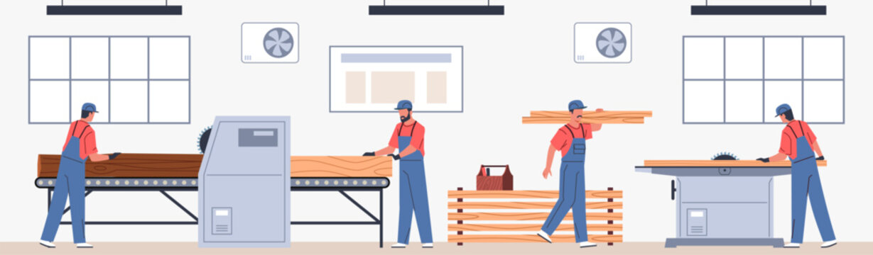 Woodworkers in workshop. Lumberworking machines, carpentry industry, creating furniture, professional equipment, furniture making process cartoon flat people sawing boards nowaday vector concept