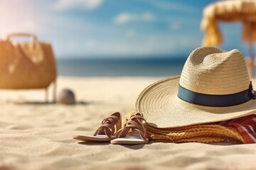 Portrait straw hat on the beach with light exposure AI Generative