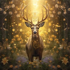 the deer and flowers in the forest Generative Ai