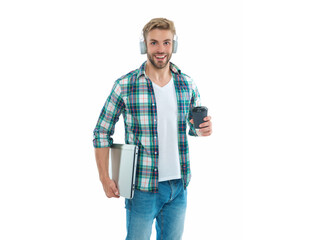 millennial man student hold coffee isolated on white. millennial man student on background