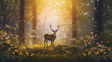 a deer with antlers in the forest with sunlight behind it Generative Ai