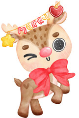 Cute and friendly reindeer Christmas with decoration on antlers cartoon character watercolour hand painting 