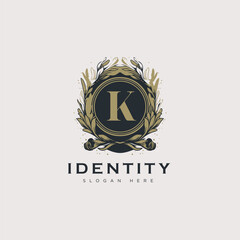 Initial K letter luxury beauty flourishes ornament golden monogram logo art