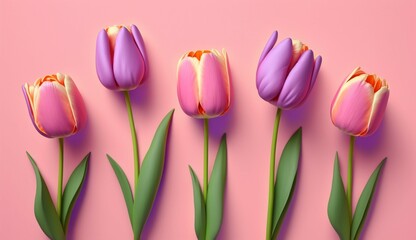 Spring tulip flowers on pink background top view generative Ai