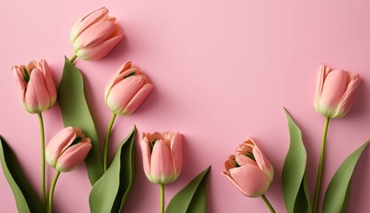 Spring tulip flowers on pink background top view generative Ai