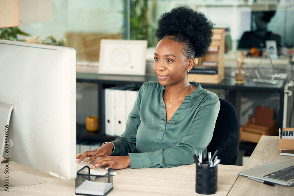Aufkleber business, employee and black woman with a computer, typing and connection with digital planning, sof