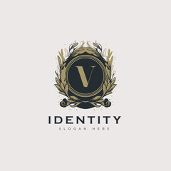 Initial V letter luxury beauty flourishes ornament golden monogram logo art