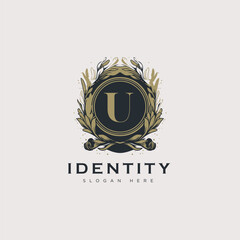 Initial U letter luxury beauty flourishes ornament golden monogram logo art