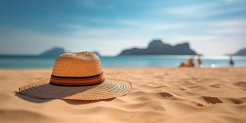 Fototapeta na wymiar Portrait straw hat on the beach with light exposure AI Generative
