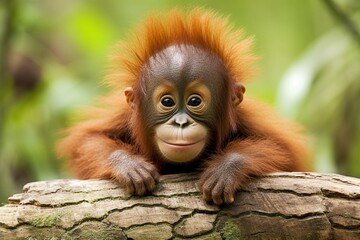 Smiling Young Orangutan on Tree Branch in Forest - obrazy, fototapety, plakaty