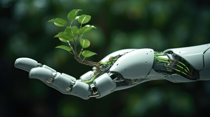 AI humanoid robot touching plant, a metaphor for using Artificial Intelligence to fight climate change, Environment AI CO2 emissions concept, Generative AI - obrazy, fototapety, plakaty