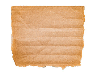 Isolated single piece of corrugated crumpled ripped blank brown cardboard paper with sharp torn edge on white or transparent background
