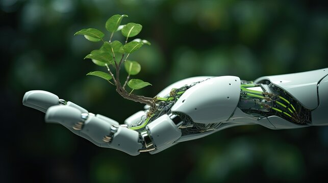 AI humanoid robot touching plant, a metaphor for using Artificial Intelligence to fight climate change, Environment AI CO2 emissions concept, Generative AI
