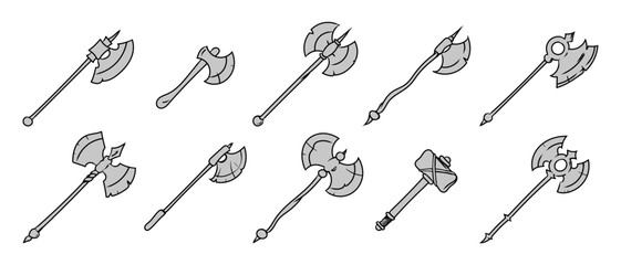 Set of medieval axes. Medieval weapon. Hand drawn axe illustration. Vector illustration isolated on white background.