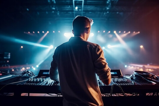 man DJ mixes on mixing board in booth at electronic live concert at night. Generative AI