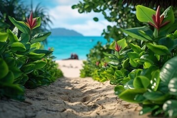 Portrait hidden beach view with flower AI Generative