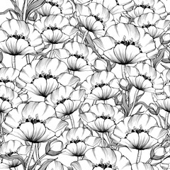 Seamless pattern. Coloring book page with flowers on white background. Black and white vector illustration. Doodle, hand drawn, zentangle, anti stress.