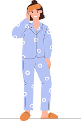 Young woman wears cozy home clothes. Cute girl in comfortable pajamas, nightgown, sleepwear. Vector illustration