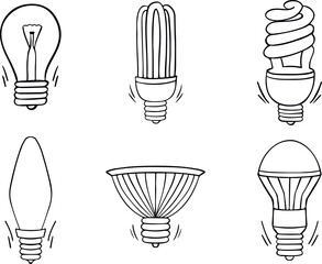 Light bulbs. Bulb icon collection in doodle style. Vector