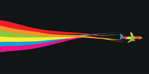 Rainbow LGBT flag among black sky. and airplane in the sky.