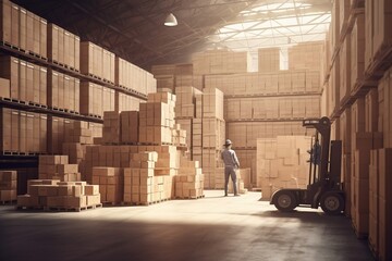 Illustration of workers unloading packaging boxes on a pallet in a warehouse, Generative Ai
